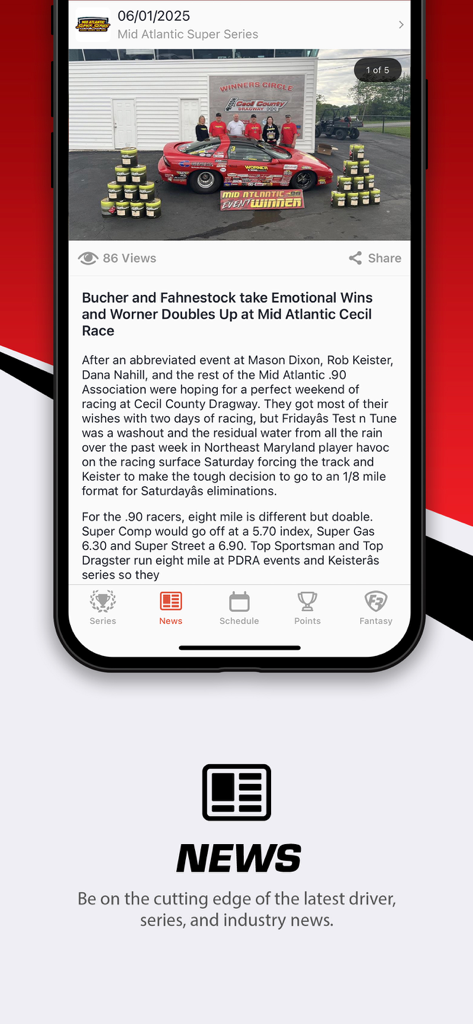 Un article d'actualité dans l'application MyRacePass montrant les résultats de la course et une photo du podium des vainqueurs.