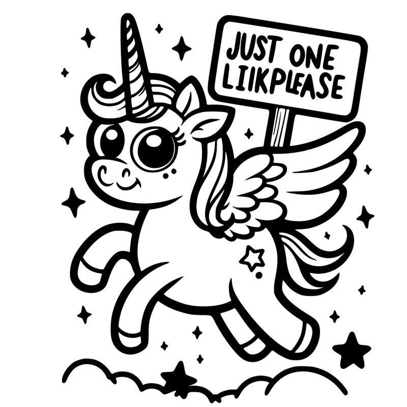 a cute unicorn, flying, and using it magic that to hold up a sign that says just one like please