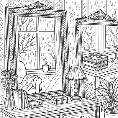 Curl up with this charming coloring page featuring ornate bedroom mirrors reflecting a peaceful rainy day outside. Discover a world of intricate details and cozy comfort awaiting your creative touch.