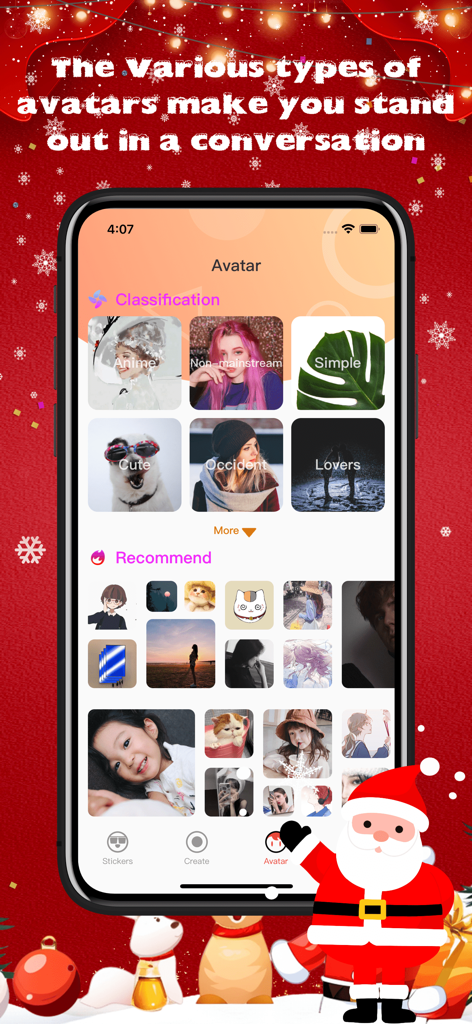 A mobile screen showing various avatar categories like Anime and Cute within the Christmas Stickers and Emoji app