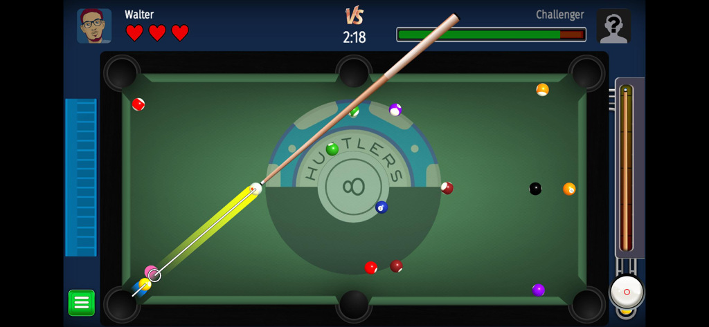 プレイヤーの体力バーとタイマーが表示された8ボールプールの試合のゲームプレイ画面