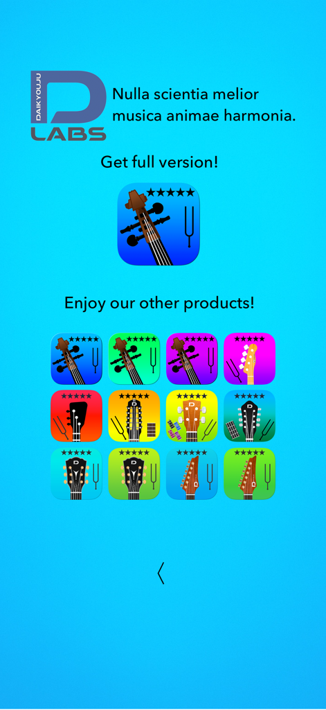 Una pantalla de menú que muestra la versión completa del afinador de viola y otras aplicaciones de afinación de instrumentos del desarrollador