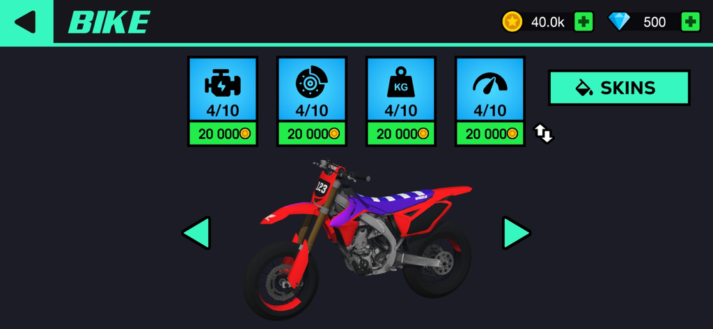 Wheelie Life 3 - Captura de pantalla del juego Wheelie Life 3 que muestra el menú de personalización de la moto con opciones para mejorar el motor, los frenos, el peso y la velocidad junto a una moto de cross roja.