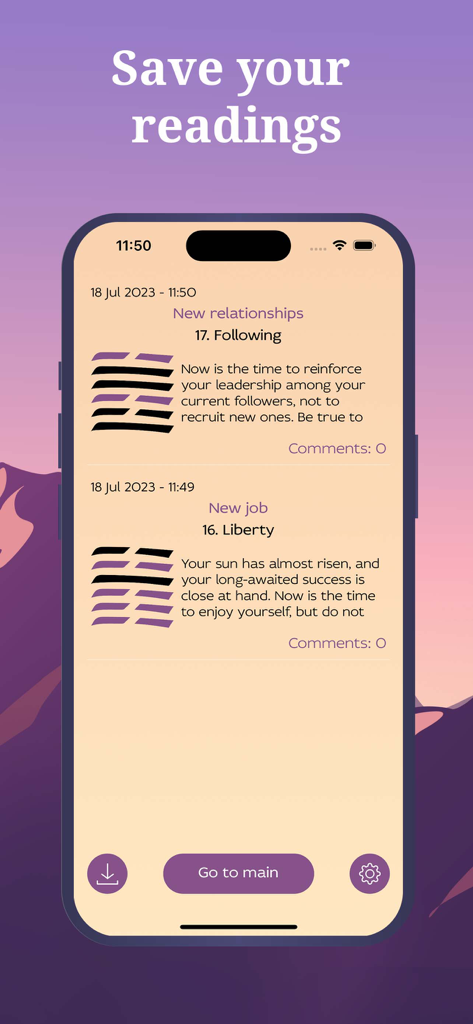 I Ching Fortune Teller - Uma lista de leituras de I Ching salvas no histórico do aplicativo mostrando hexagramas e texto de adivinhação