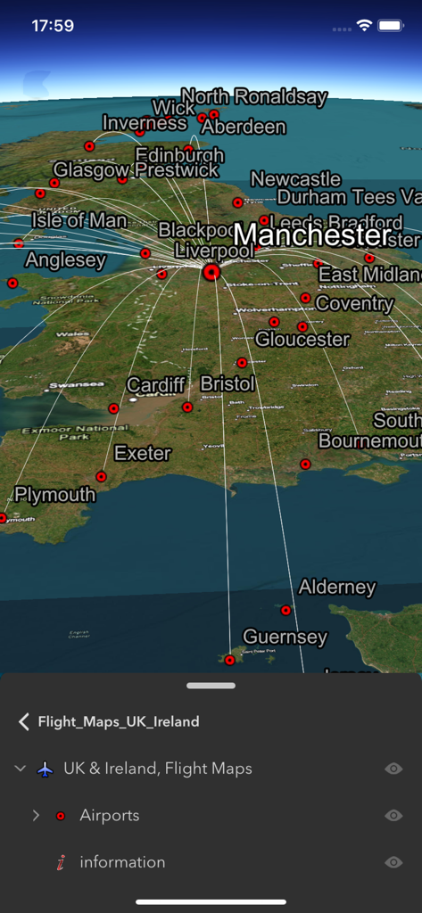 3D map of the United Kingdom and Ireland in ArcGIS Earth displaying flight paths and airport markers