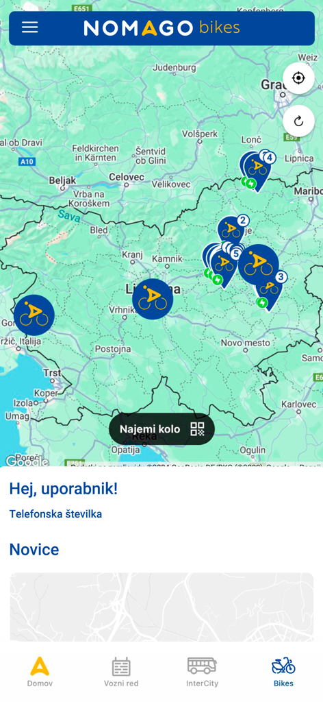 Vista mappa dell'app Nomago che mostra le posizioni di noleggio biciclette in tutta la Slovenia.
