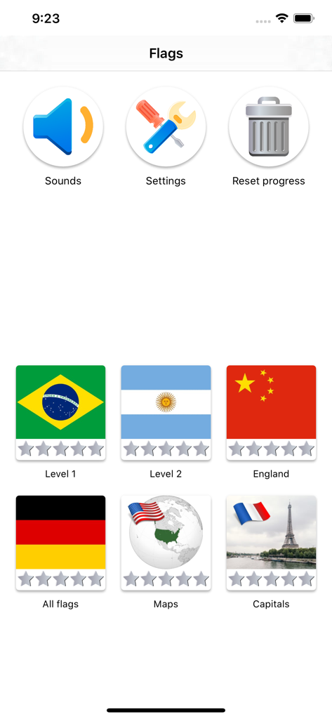 Flags of the world - Quiz - Main menu of the Flags of the world quiz app featuring different game levels including flags, maps, and capitals