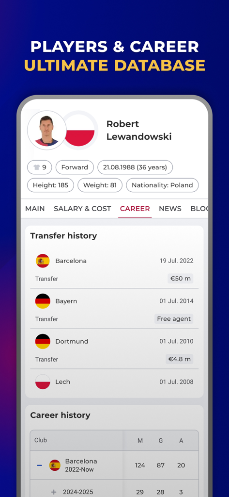 Barcelona Live - For Barca Fan - Robert Lewandowski career statistics and transfer history on the Barcelona Live app.