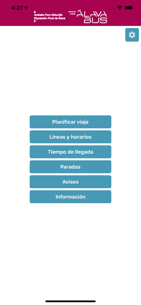 Menú de navegación principal de la aplicación Alavabus que muestra botones para planificación de viajes, horarios, tiempos de llegada y paradas.