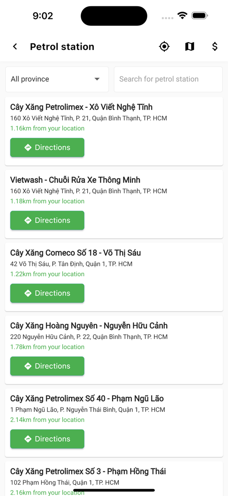 A list of petrol stations in Ho Chi Minh City with addresses and directions buttons