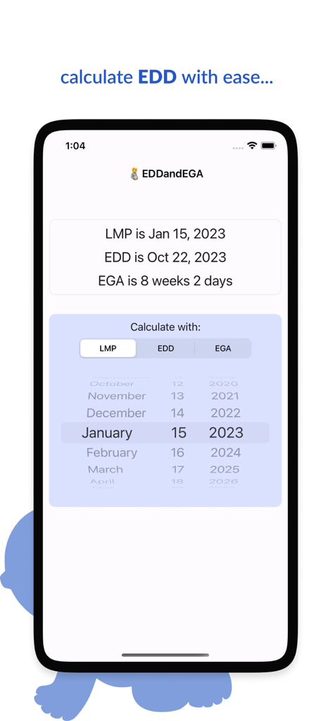 EDD - EGA calculator - Tela do aplicativo de calculadora DDP e DDI mostrando cálculos de data de gravidez usando o método DUM.