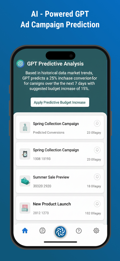 Advertising GPT Business - Pantalla de la aplicación Negocio GPT de Publicidad que muestra análisis predictivo de campañas publicitarias impulsado por IA con previsiones de conversión y sugerencias de presupuesto