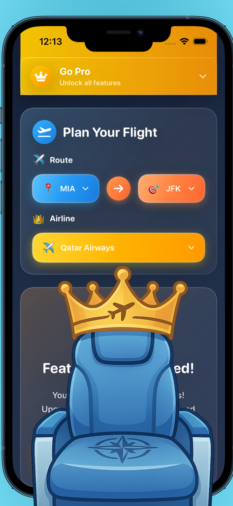 Plane Seats mobile app interface showing a flight route planner with MIA to JFK route and airline selection for Qatar Airways.