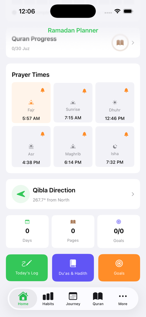 Ramadan Planner: Track & Pray - Ramadan Planner app dashboard showing prayer times, Quran progress, and Qibla direction