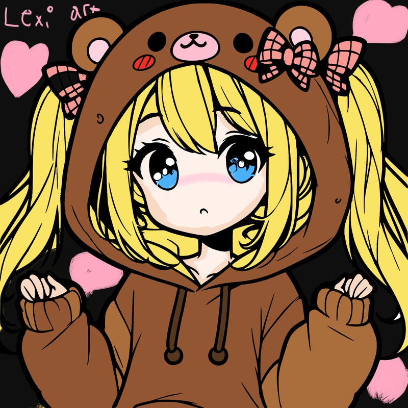 cute anime girl with ponytails and a cute bear hoodie