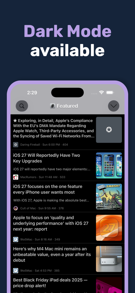 MacHash News - MacHash News app interface in dark mode showing a curated feed of Apple tech news and rumors