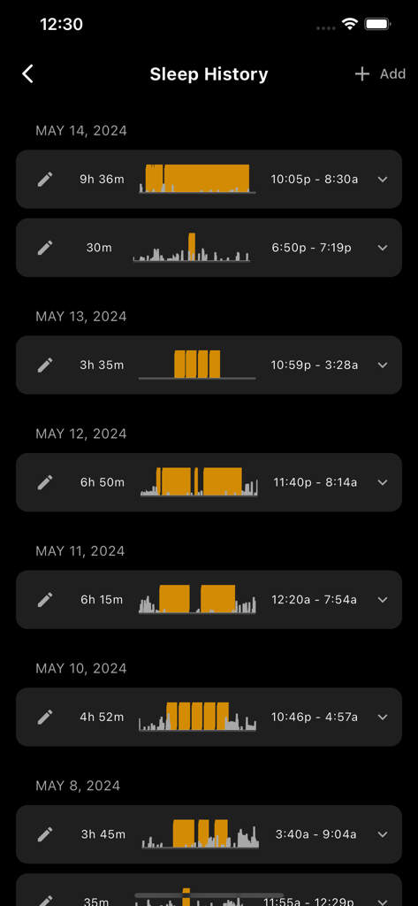 ReadiOne by Fatigue Science - Uma lista de registros diários de sono na interface do aplicativo ReadiOne mostrando durações e horários