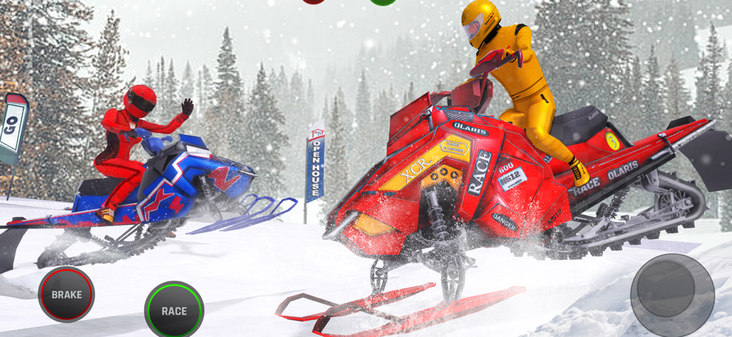 Snow Bike Racing Simulator ATV - Duas motoneves correndo em uma pista nevada com montanhas ao fundo