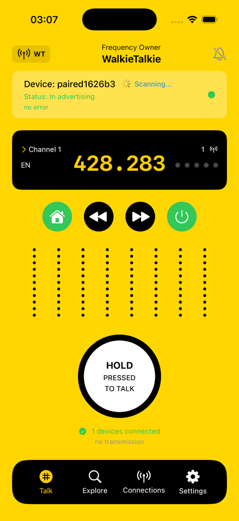 Talky - Walkie Talkie, Radio - Mobile app interface of Talky showing a digital radio frequency display and a push to talk button on a yellow background