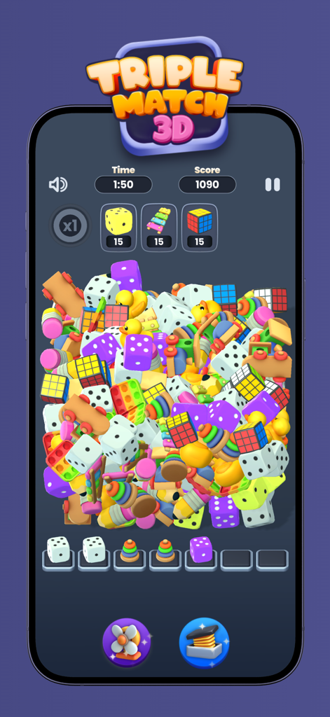 Triple Match 3D puzzle game interface in Spark Win Cash app showing colorful matching objects