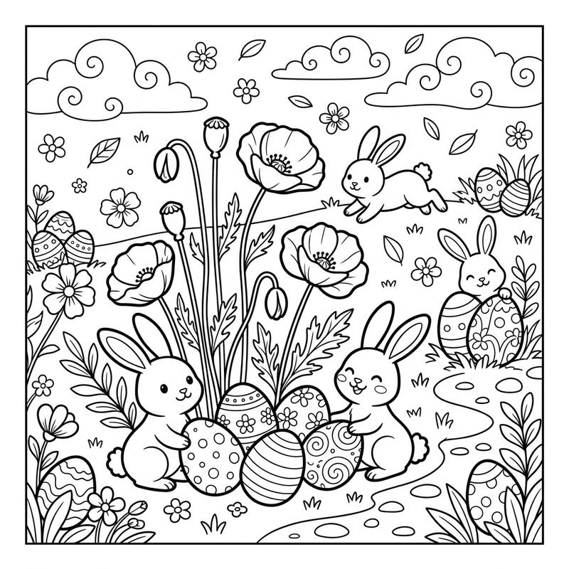 Celebrate Easter with this delightful coloring page featuring cheerful bunnies, beautifully decorated eggs, and elegant poppy flowers. Designed specifically for kids, it offers a balanced and engaging artistic experience with recognizable shapes and moderate detail.