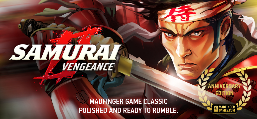 Samurai 2: Vengeance - Promotional artwork for Samurai 2 Vengeance Anniversary Edition featuring a stylized manga samurai warrior holding a katana
