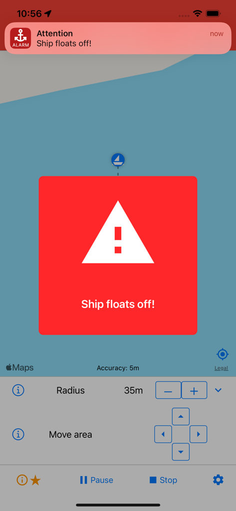 Anchor Alarm app notification and alert screen displaying a Ship floats off message with a red warning symbol