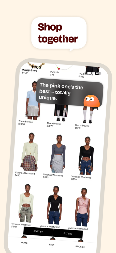 Bro app interface showing a shopping feature with an AI buddy character providing fashion advice on designer clothing.