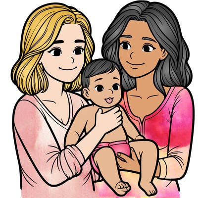 two realistic women holding one baby together