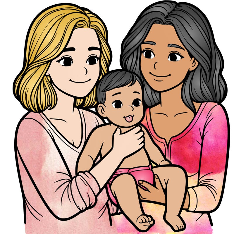 two realistic women holding one baby together