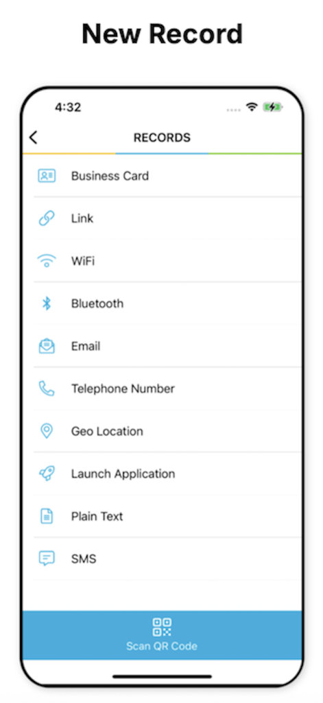 Interface of NFC TagWriter by NXP showing a list of record types to program onto NFC tags like Business Card Link and WiFi