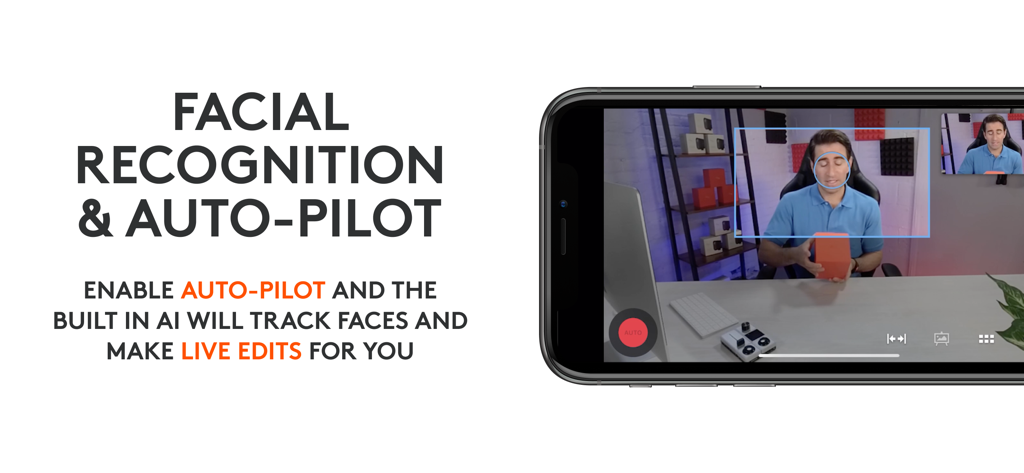 Logitech Mevo - Logitech Mevoアプリのインターフェースで、ライブストリーミング編集用のAI顔認識とオートパイロットが表示されている様子