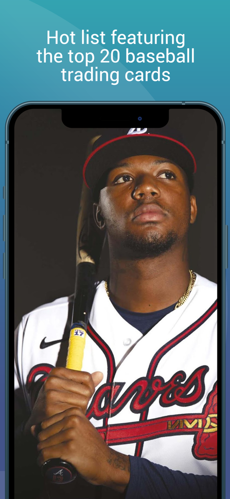 Smartphone-Bildschirm mit der Beckett Baseball App, die eine Top-20-Liste der beliebtesten Baseball-Sammelkarten anzeigt.