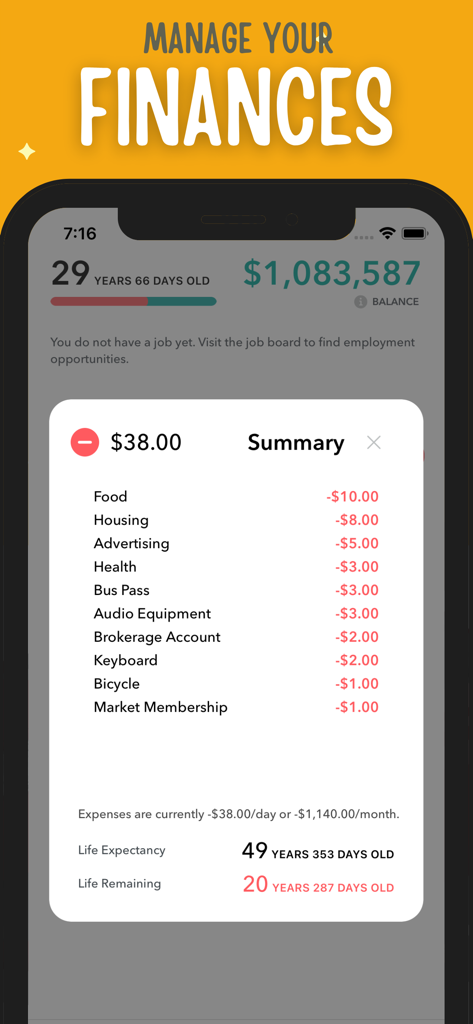 Tela de jogabilidade de Life Simulator Hobo CEO mostrando resumo financeiro e despesas diárias.