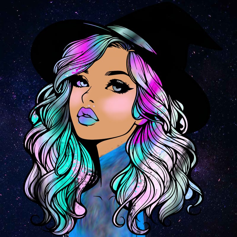 realistic witch girl with wavy hair and lips