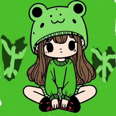 a girl wearing a frog hat and some frog socks