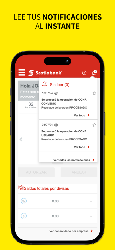 Telebanking móvil - Scotiabank - Pantalla de notificaciones de la aplicación Banca Telefónica Móvil de Scotiabank mostrando operaciones comerciales procesadas en un iPhone