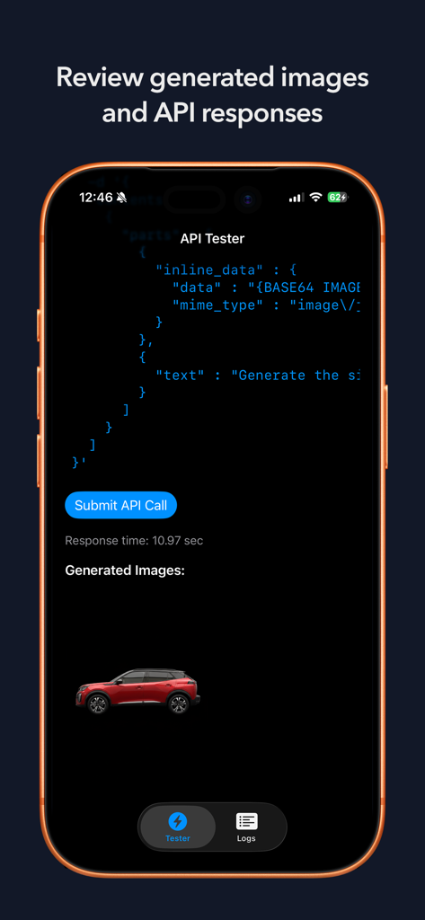 Interfaz de la aplicación Banana API mostrando una respuesta de código JSON y una imagen generada de un coche rojo