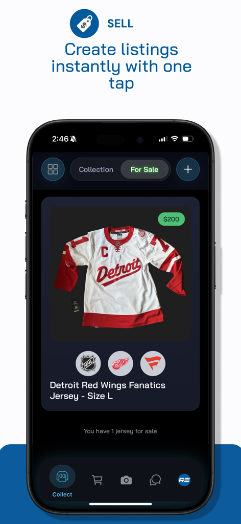 Mobile app interface showing a Detroit Red Wings hockey jersey listed for sale for 200 dollars with the text Create listings instantly with one tap.