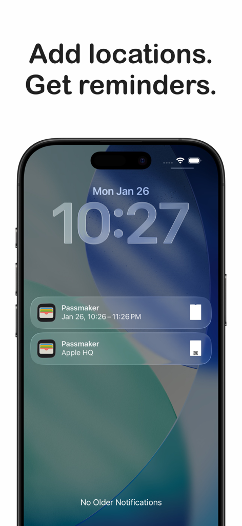 iPhone lock screen displaying location and time based notifications for digital wallet passes