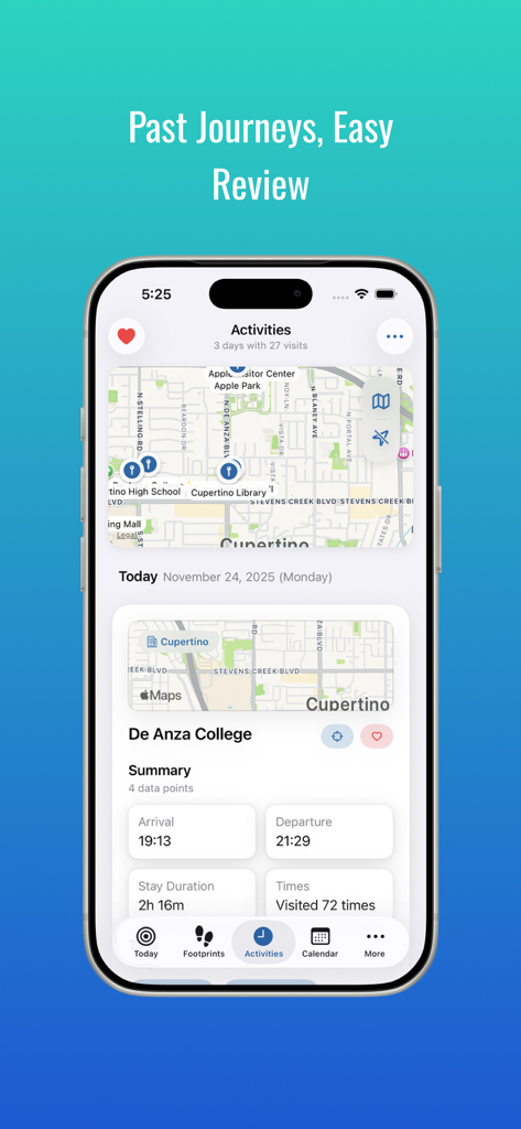 MeTrail - MeTrail app interface showing the Activities tab with a map and detailed visit summary including arrival and departure times.