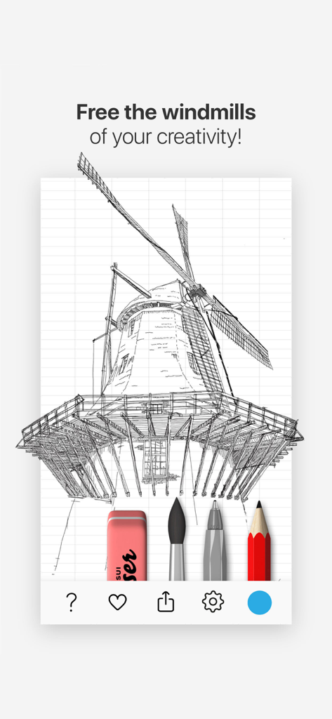 Tayasui Doodle Book - Scribble - Detailed black and white sketch of a windmill on grid paper in the Tayasui Doodle Book app interface
