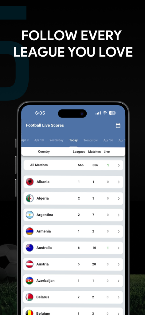 Interfaz de una aplicación móvil que muestra una lista de ligas de fútbol internacionales y actualizaciones de partidos organizadas por país.