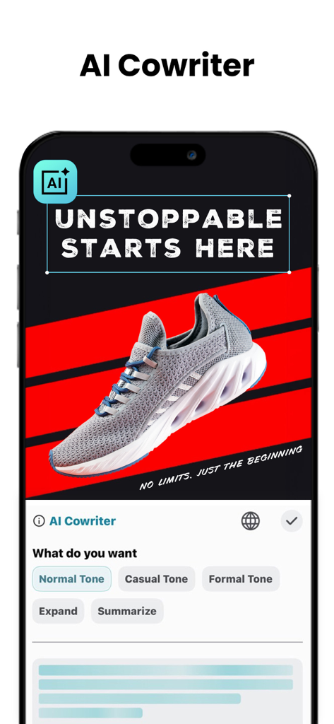 Promeo App KI-Copilot-Oberfläche mit Marketingtext-Optionen für ein Sneaker-Werbedesign