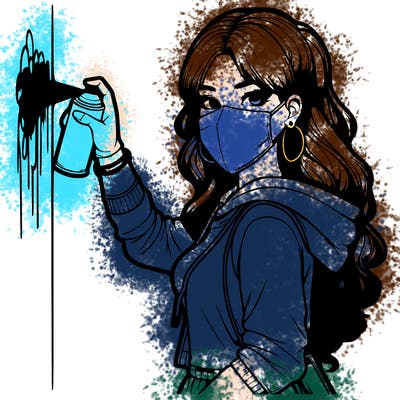 realistic girl with mask spray painting a wall