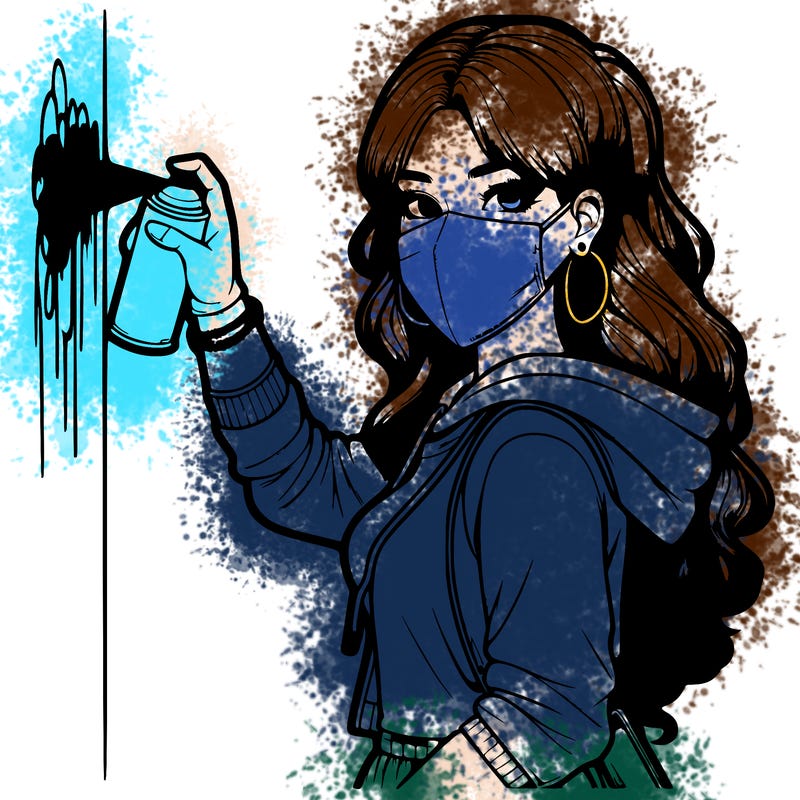 realistic girl with mask spray painting a wall