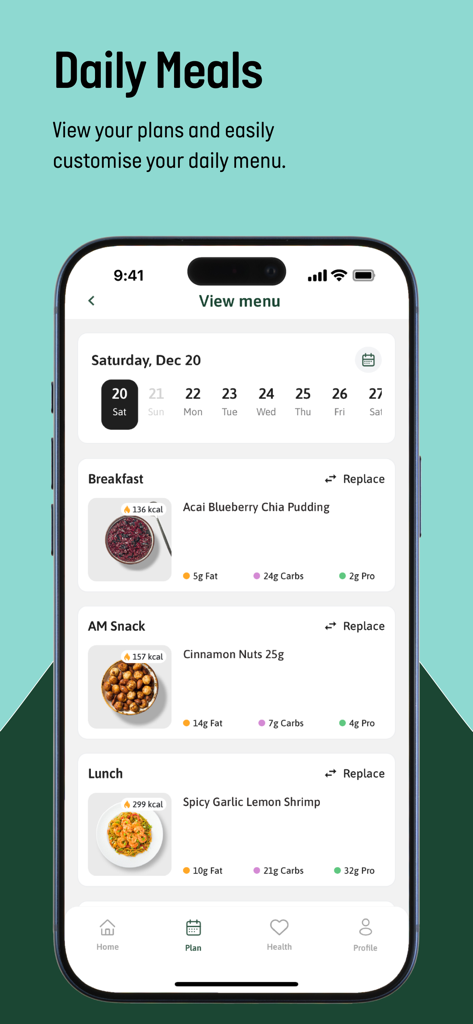 Kcal Meal Plans - Schermata dell'app Kcal Meal Plans che mostra un menu giornaliero con tracciamento di calorie e macronutrienti per colazione, spuntini e pranzo.