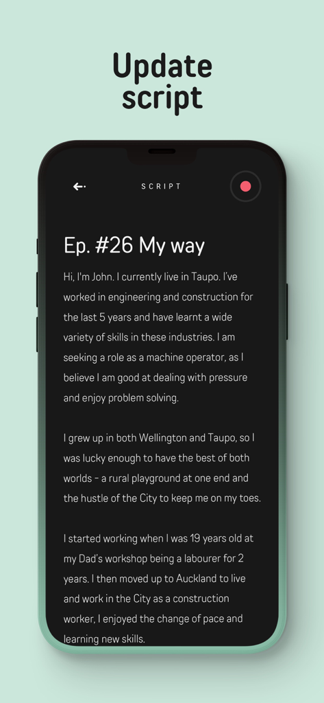 Script editor interface in the Prompted teleprompter app showing a video script.