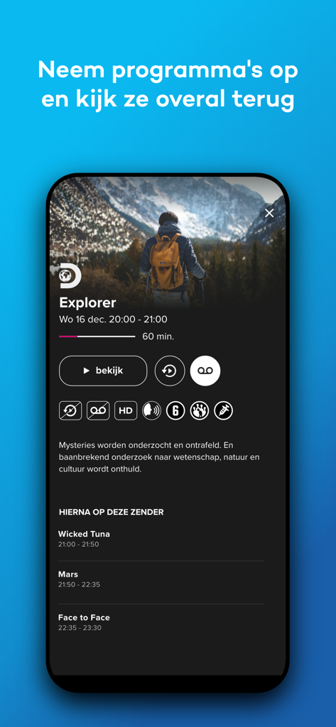 Captura de tela do aplicativo DELTA TV mostrando detalhes do programa para Explorer com opções de gravação e reprodução