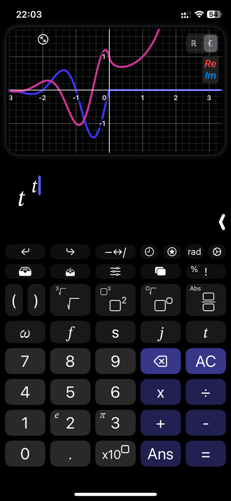 Bode Plot Calculator app interface showing a complex domain graph with real and imaginary curves and a specialized engineering keyboard